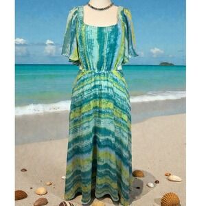 Boho Tie Dye Maxi Dress size 14 Chiffon Flutter Sleeve Cut Out Side High Low Hem